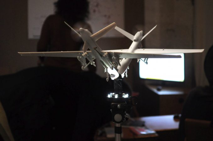 Drone eats Drone: American Scream by Ken Rinaldo 2013 at La Companie commissioned by Isabel Arvers. Photo Myriam Boyer