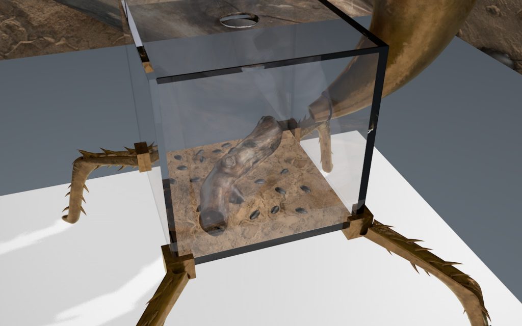 Closeup of a 3D model of the cube with a feeding tube for the Opera For Dying Insect by Ken Rinaldo