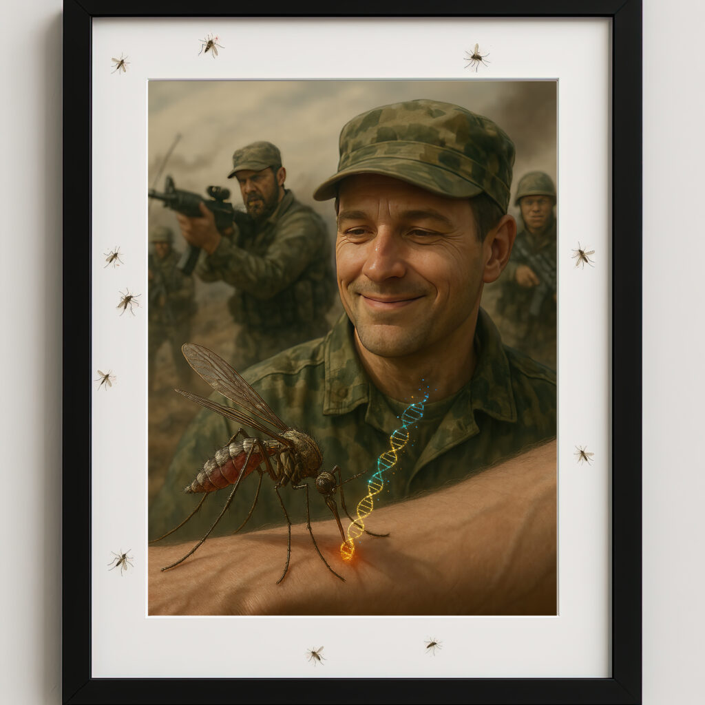 CRISPR ART designed to make soldiers feel less violent through gene drive therapy by Ken Rinaldo A soldier suddenly feels happy and peaceful after being bitten with others behind him feeling aggression and anger. CRISPR Gene Drive Artwork by Ken Rinaldo 2025