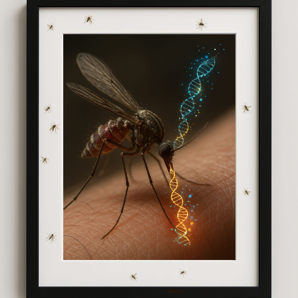 CRISPR based artwork. Gene Drive to make humans less violent by Ken Rinaldo. Visualization of mosquito inserting genes through single guide RNAs into mosquito frame. CRISPR Gene Drive Artwork by Ken Rinaldo 2025